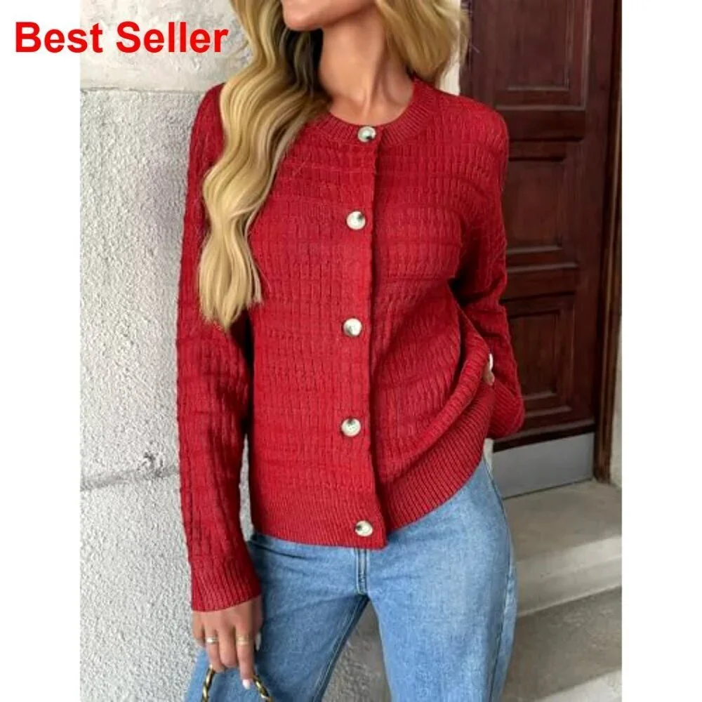 Cropped Cardigan Sweater Open Front Button Down Crew Neck Knit Jacket
